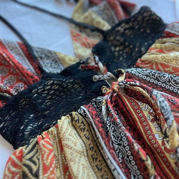 VTG 90s Tricia Fix SUNDRESS small beads 70s crochet lace groovy retro crossback - Picture 12 of 16